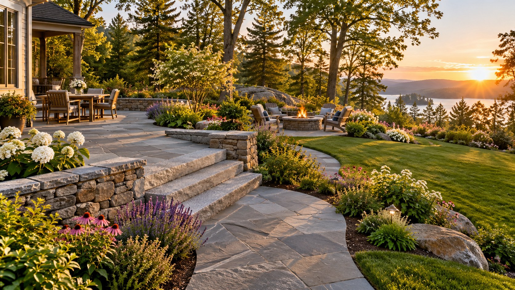 Landscape concept featuring a stone patio, retaining walls, flowering gardens and a green lawn